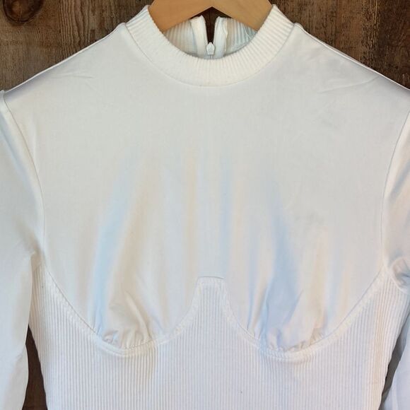 Dressmecb White Ribbed Knit Long Sleeve High Neck Bodycon Bust Panel Dress - Picture 3 of 6